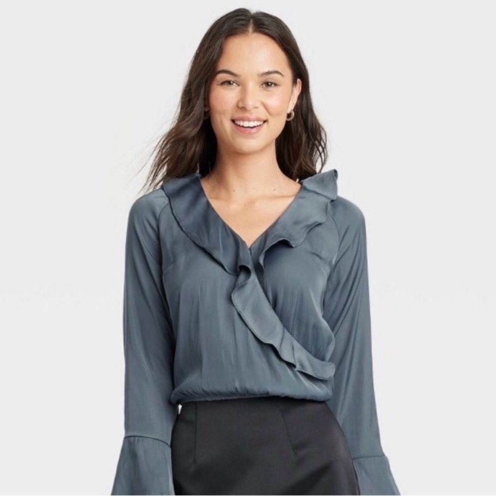 NWT A New Day Women's Long Sleeve V Neck Ruffle Wrap Blouse Size Medium Silky